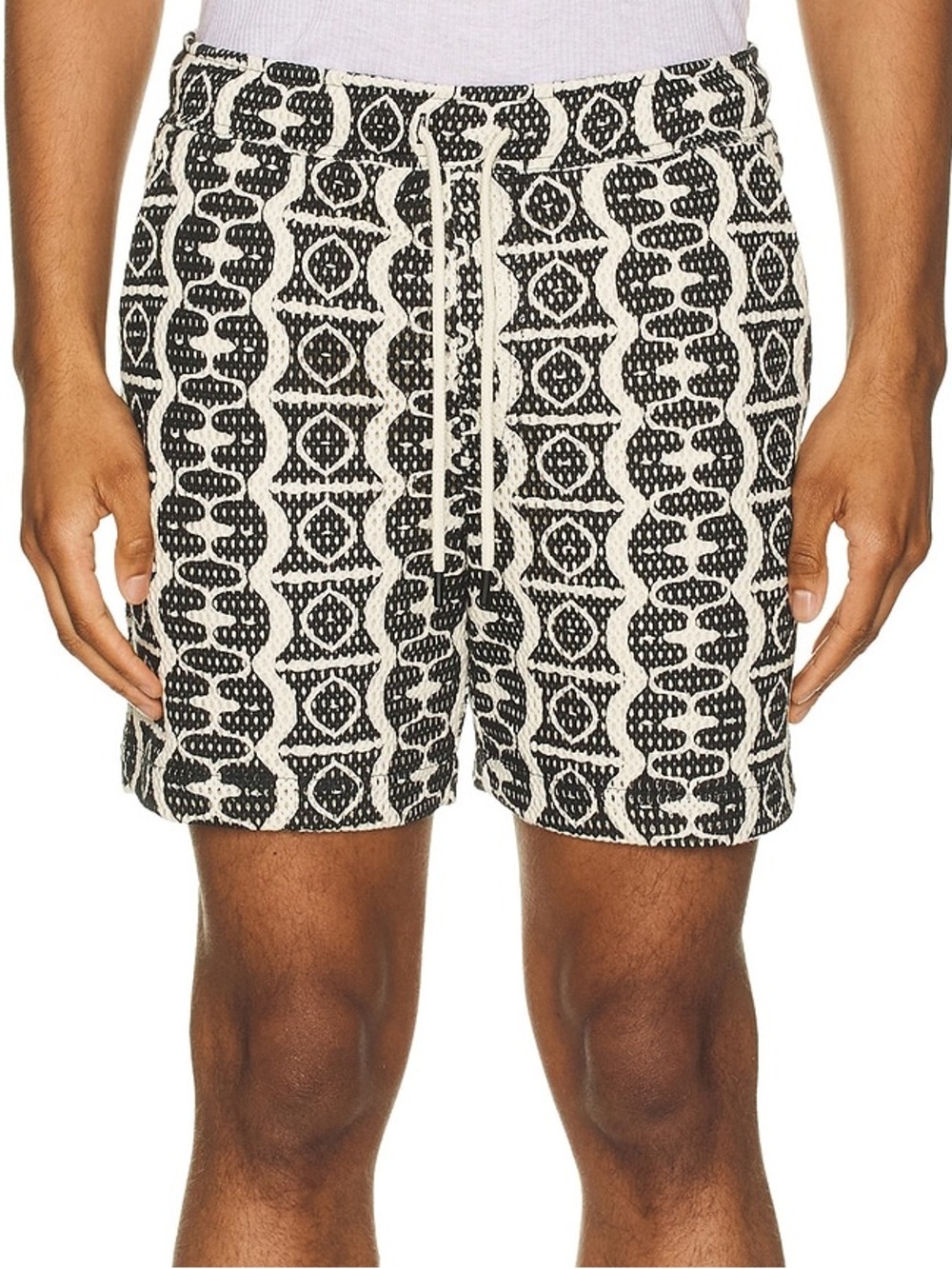 OAS Men’s Ecru & Black Knit Hypnotise 5” Inseam Drawstring Net Shorts- Small